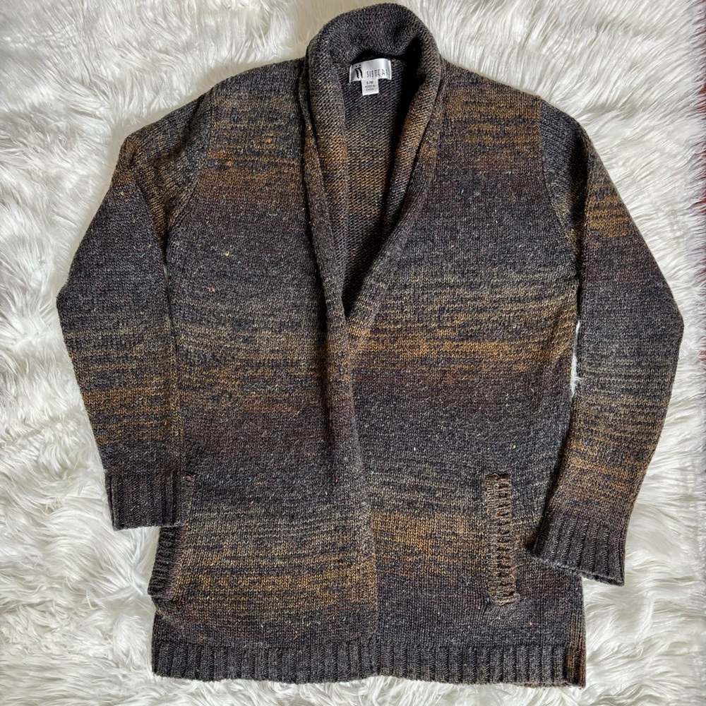 Two Sisters Long Knit Open Front Cardigan Sweater Ombré Brown Tan Silk Blend